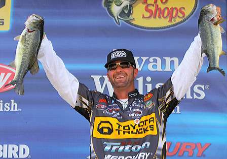He shows off two nice Toledo Bend bass as he takes the momentary lead in the Battle on the Bayou.