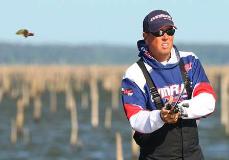 Out on Toledo Bend, Walker fires a cast with a jig. 