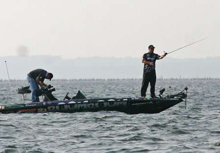 Fred Roumbanis makes a long cast early on Day Two. He was secretive of the pattern he discovered while fishing at home.
