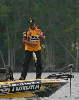 <p>
	Terry Scroggins swings yet another smallish keeper in on Day Three.</p>
