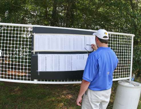 <p>
	A Marshal checks the board for the Day Two pairings at Lake Murray.</p>
