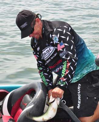 <p>
	Chris Lane battles with his kicker fish trying to get it from the livewell to the weigh bag.</p>
