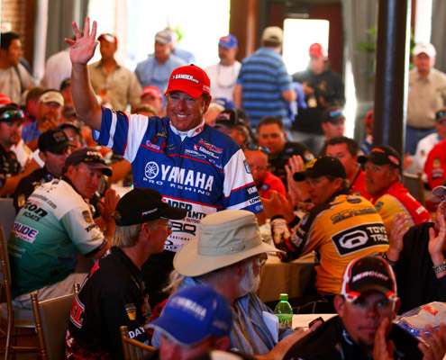 Dean Rojas gives a wave after winning the Trokar Battle on the Bayou on Toledo Bend last month.