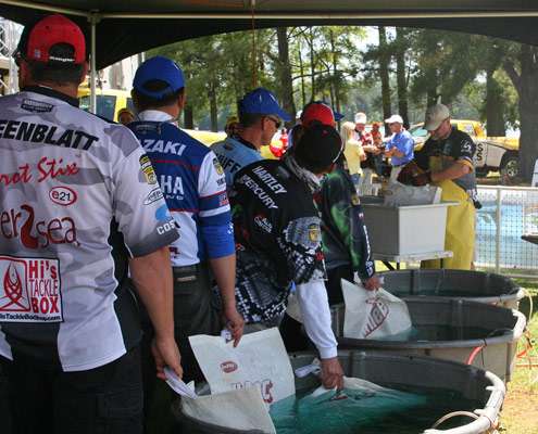 <p>
	A line of Elite Series anglers forms behind the stage in La Grange, Ga.</p>
