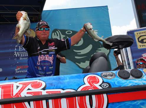 <p>
	Denny Brauer pulls out two of his biggest fish on Sunday.</p>
