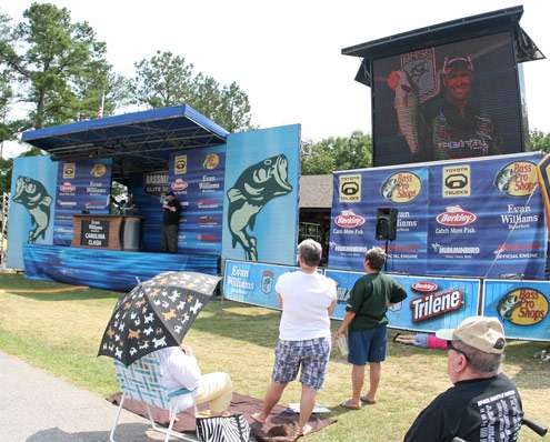 <p>
	Terry Butcher holds up a fish on stage and the big screen on Day Two of the Evan Williams Bourbon Carolina Clash.</p>
