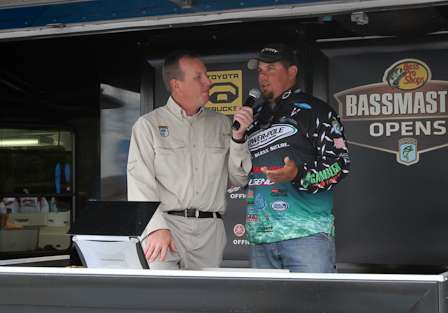 <p>
	Chris tells tournament emcee Chris Bowes how he met his wife on Lake Norman.</p>
