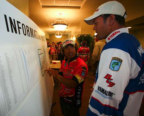 <p> 	James Niggemeyer and Morizo Shimizu look on the big board for Toyota Tundra Bassmaster Angler of the Year standings and tournament information.</p> 