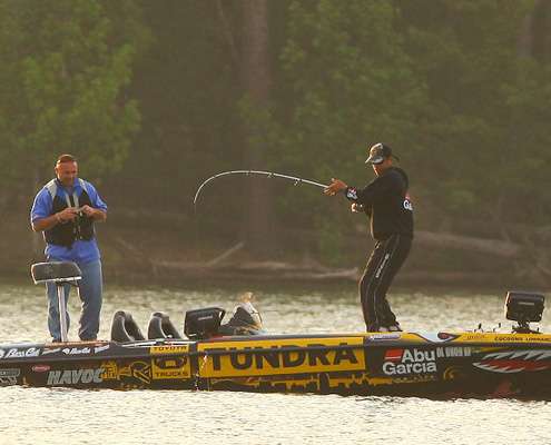 <p>
	Iaconelli hooks up and fights a fish to the boat.</p>

