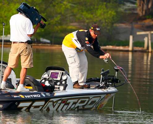 <p>
	Fralick had a slow start on Day Two, but hooks up with a good fish on light line.</p>
