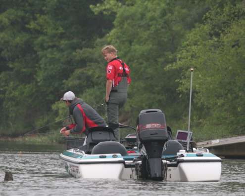 <p>
	The N.C. State team Ethan Cox and Tyler Faggart work a point early on Day Two of the East Super Regional.</p>
