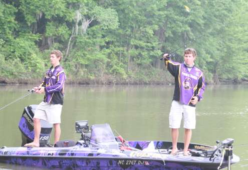 <p>
	Kimrey makes a cast with a Spro little John,  the crankbait that netted them 12-0 on the first day of competition.</p>
