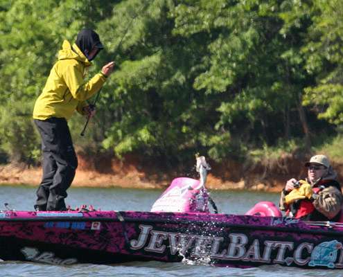 <p>
	Short swings the 2-pound largemouth into the boat on Day One of the Pride of Georgia.</p>
