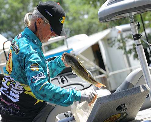<p>
	Rick Clunn pulls out one of his bigger fish to place in his bag.</p>
