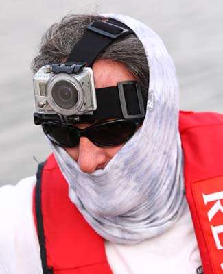 <p>
	Wes Miller, a Bassmaster cameraman, has a camera strapped to his forehead to capture the initial run on take off.</p>
