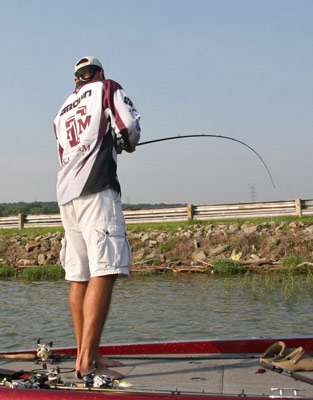 <p>
	Weston Brown sets the hook on another bass a short time later.</p>

