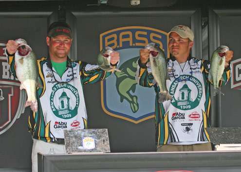<p>
	Dustin Huggins and Evan Barnes from Arkansas Tech finished first with 31-15 and the big bass of the day, a 6-1 Dardanelle monster.</p>
