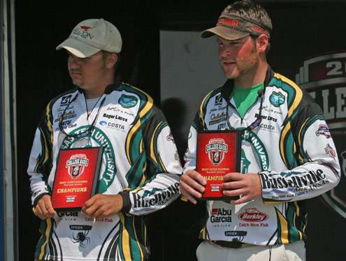 <p>
	Dustin Huggins and Evan Barnes pose with trophies stating they are the 2011 Mercury College Bass West Super Regional champions.</p>

