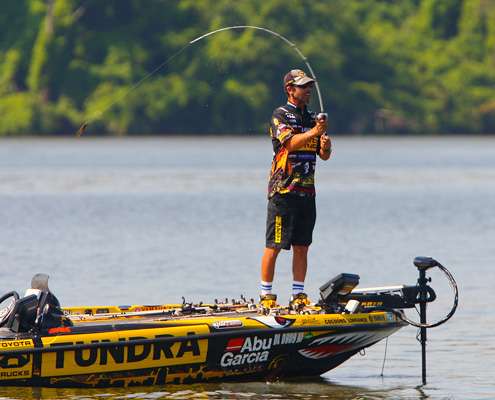 <p>
	Mike Iaconelli was fishing a channel ledge along the main river channel early in the day. </p>
