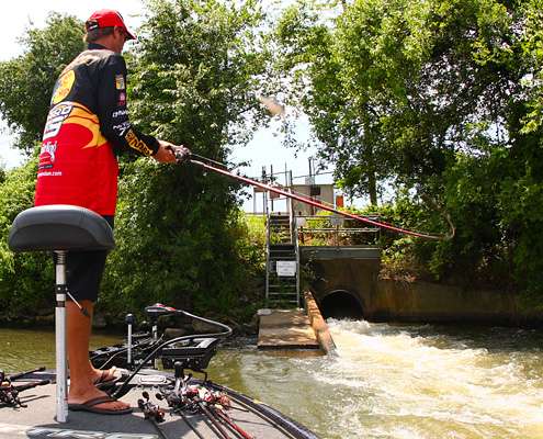 VanDam fires a cast toward the water discharge area he has fished every day.