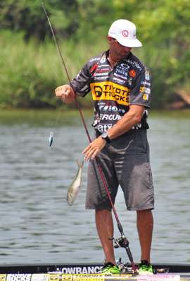 <p>
	Gerald Swindle releases a small bass that he caught on Sunday.</p>
