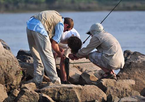 <p> 	Unhooking the catfish was a team effort.</p> 
