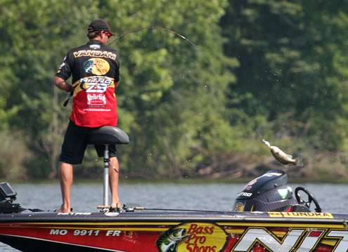 <p>
	Kevin VanDam swings aboard his first keeper of the day.</p>
