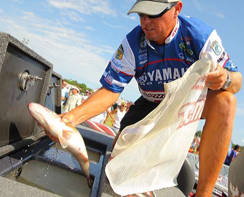 <p>
	 Russ Lane bags his catch to take to the weigh-in stage.</p>

