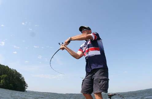 <p>
	Walker casts out, hoping to continue his good day on Lake Wheeler.</p>

