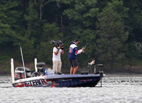 <p>
	Walker hauls in his first keeper of Day Two.</p>
