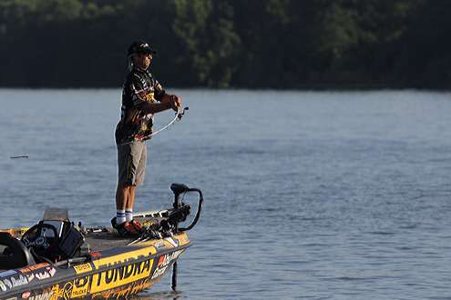 <p>
	 </p>
<p>
	Spinning rod loading up, Mike Iaconelli makes another cast on Day One of the Evan Williams Bourbon All-Star Championship.</p>

