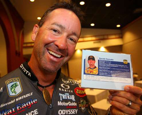 <p>
	 </p>
<p>
	Gerald Swindle shows off his name tag at the Media Day gathering Thursday.</p>
