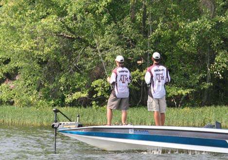 <p>
	 </p>
<p>
	Texas A&M anglers Weston Brown and Andy Shafer fish shoreline grass.</p>
