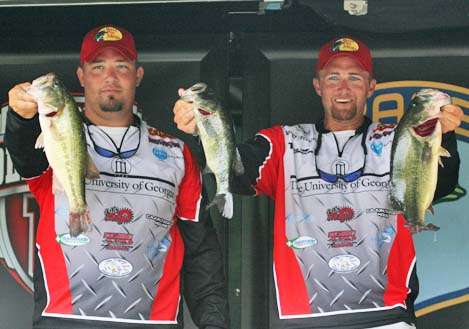<p>
	 </p>
<p>
	University of Georgia anglers Chase Simmemon and Randy Tolbert show off some of their 10 pounds, 7 ounces, which put them in fourth place after the first day of the Mercury College B.A.S.S. National Championship.</p>
