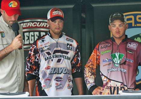<p>
	 </p>
<p>
	Virginia Tech anglers Carson Rejzer and Wyatt Blevins anxiously await their weight as emcee Kyle Carter prepares to announce their lead.</p>
