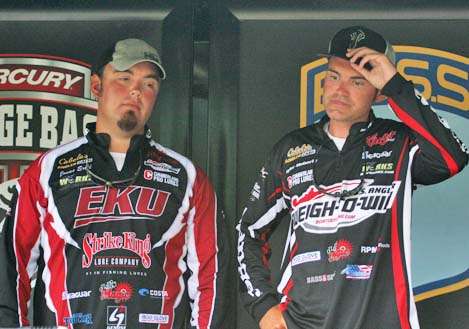 <p>
	 </p>
<p>
	Reigning champs Tyler Moberly and Jonas Ertel show their disappointment with their 18<sup>th</sup>-place standing after catching only two fish.</p>
