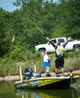 <p>
	Skeet Reese has a good time and celebrates his small fish catch. </p>
