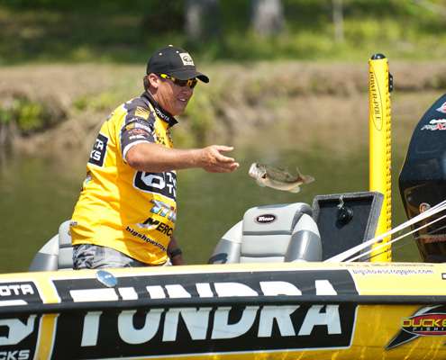 <p>
	Scroggins throws back one of his smaller fish. </p>
