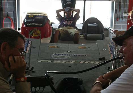 <p>
	 </p>
<p>
	Ryan Watkins tries to relax in the boat as he awaits the weigh-in.</p>
