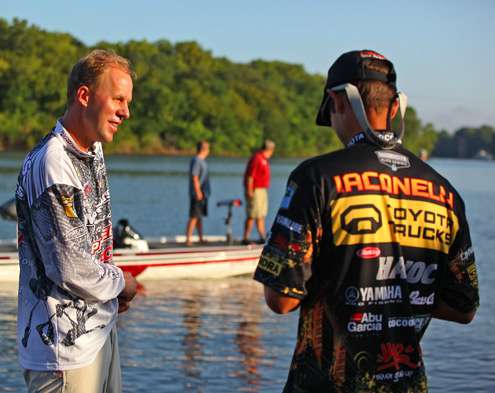 <p>
	Aaron Martens and Mike Iaconelli talk before the launch.</p>
