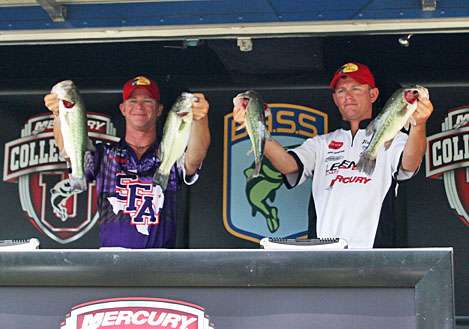 <p>
	Ryan Watkins and Andrew Upshaw of Stephen F. Austin University weighed 9-12 Friday for the second-place total of 20-14.</p>
