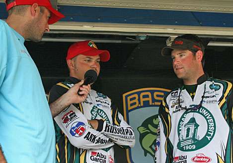 <p>
	Arkansas Tech anglers Evan Barnes and Dustin Huggins were the last team to have a chance to make the top 5, and tell emcee Kyle Carter about their disappointment.</p>
