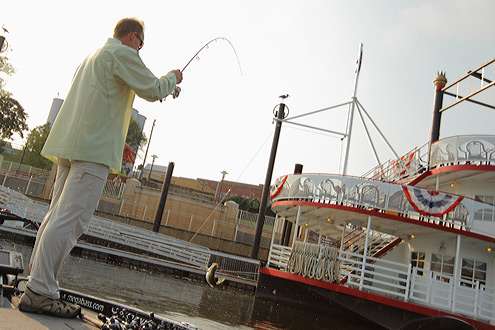 His first fish of the day was caught close to the Harriott II Riverboat docked near Montgomery's Riverwalk Amphitheater.
