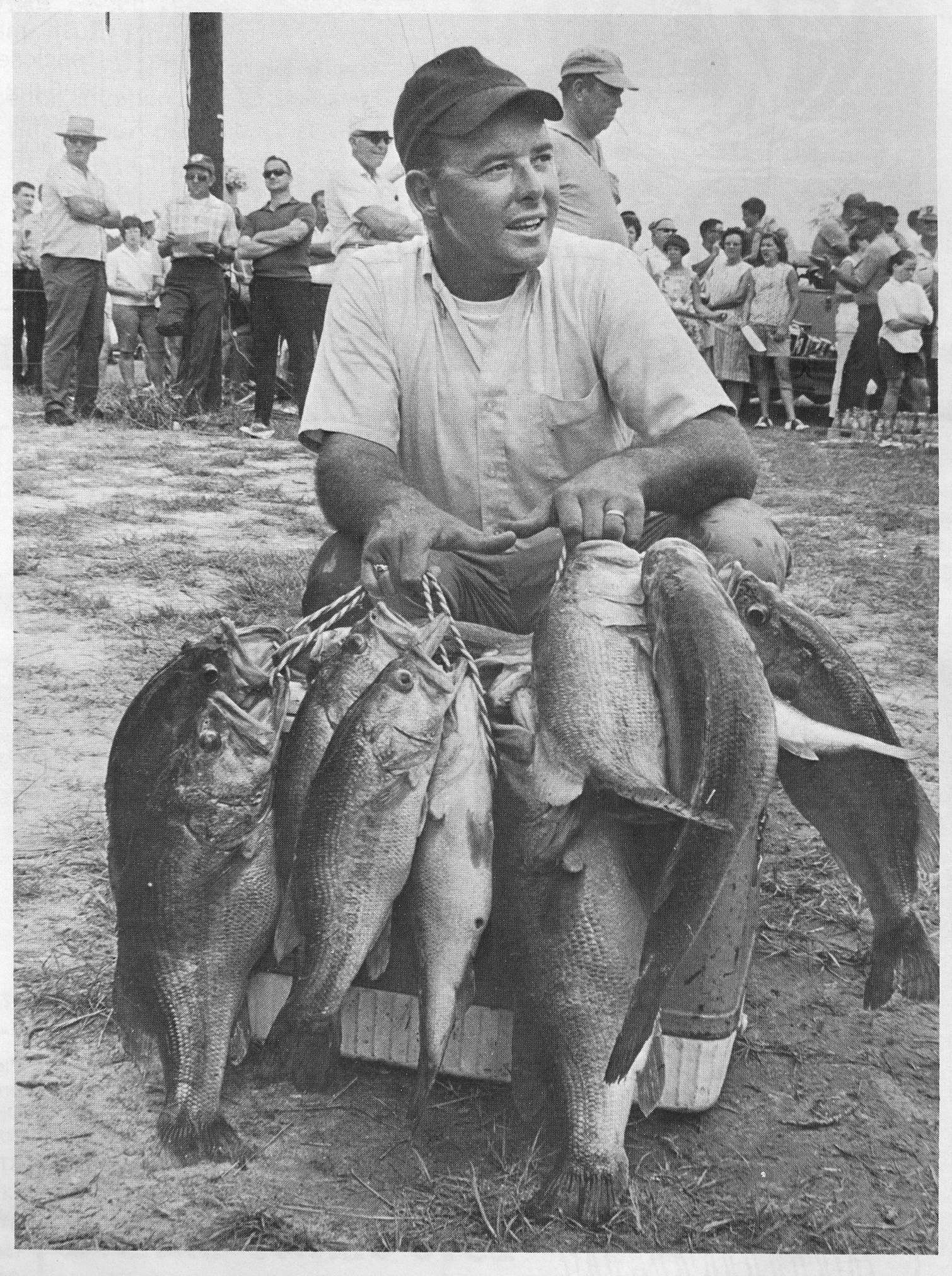 <p>
	Bill Dance proudly poses with 13 bass that weighed 56 pounds. Most of the fish were caught between 7 A.M. and 8:30 A.M. on the last day of the Eufaula National Tournament. They were taken from water 12 feet deep.</p>

