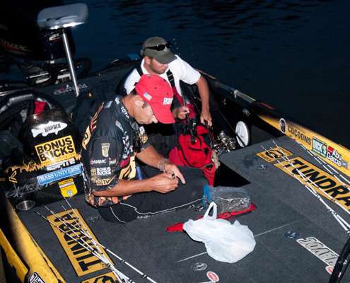 <p>
	Iaconelli gets his gear ready for the day.</p>
