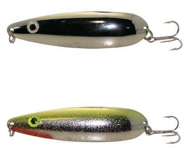 <p>
	That lure was the Lake Fork Tackle Flutter Spoon, which comes in three-, four- and five-inch lengths. Pictured here are the Plain Jane (top) and Barfish (bottom).</p>
