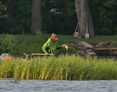 <p>
	Fukae pulls out a solid two-plus-pound largemouth from his hidden spot.</p>
