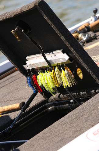 <p>
	 </p>
<p>
	Evers keeps some of his favorite spinnerbaits under the front deck lid of his boat. </p>
