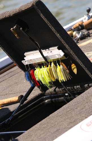 <p>
	 </p>
<p>
	Evers keeps some of his favorite spinnerbaits under the front deck lid of his boat. </p>
