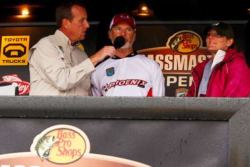 <p>
	Tournament director, Chris Bowes, interviews Mark and Valerie Hicks at the Bass Pro Shops Bassmaster Oneida Lake Open.</p>
